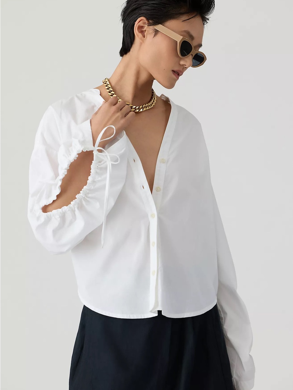 Pilcro White Button-Front Blouse with Tie-Detail Sleeves